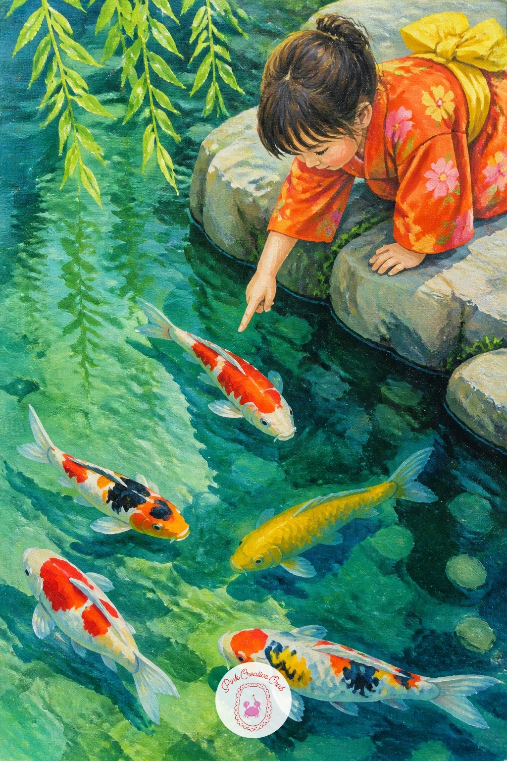 A Child Pointing at the Koi — Bring a small human moment in with a child pointing at the koi, leaning over the pond's edge with one arm outstretched. Koi fish