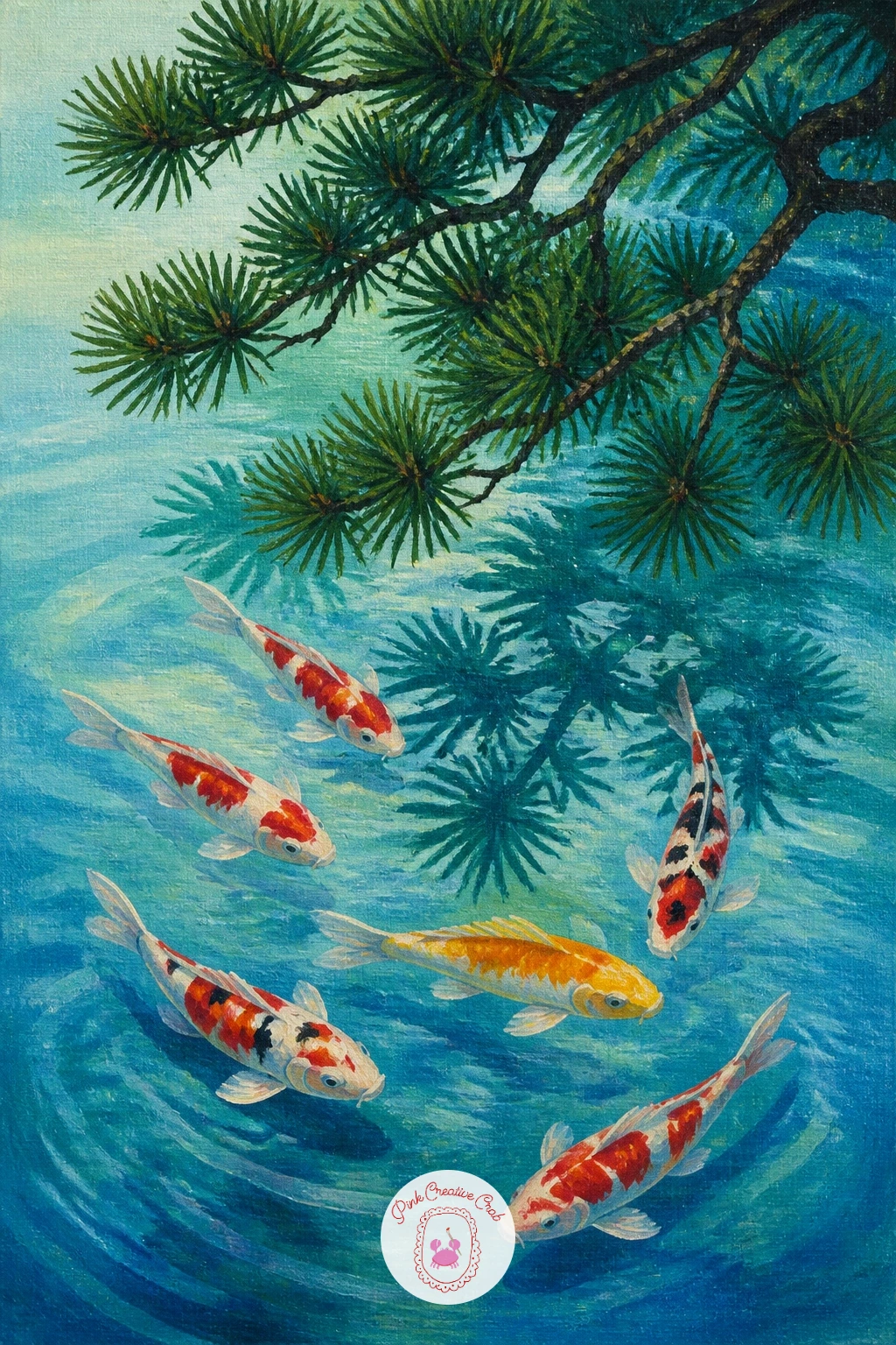 Koi Under a Pine Tree — Return to a quieter mood with koi under a pine tree, its dark branches reaching into frame from one corner above the water. Koi fish