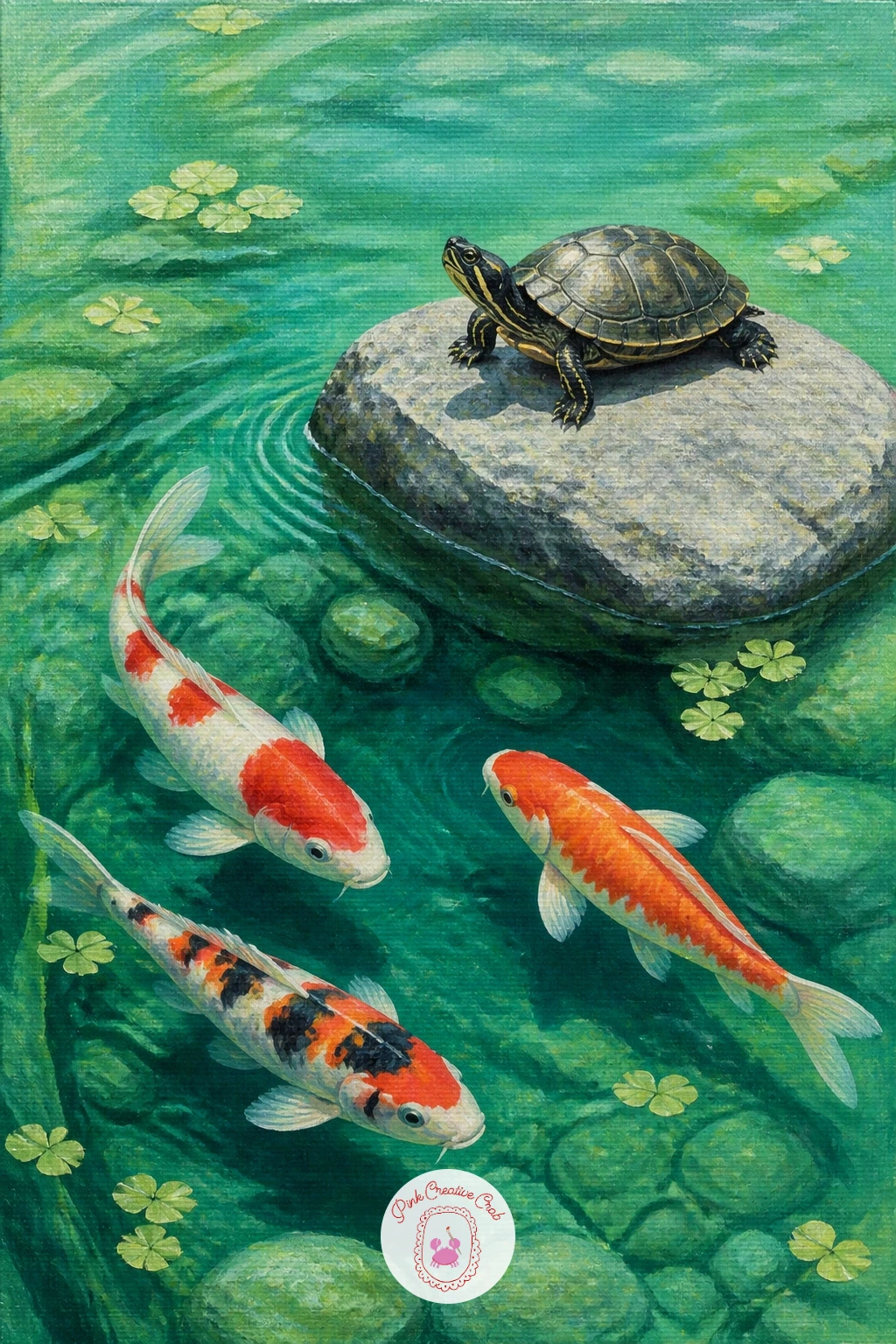 Koi and a Turtle Sharing a Rock — Add a second creature with koi and a turtle sharing a rock, the turtle basking just above the waterline while fish pass