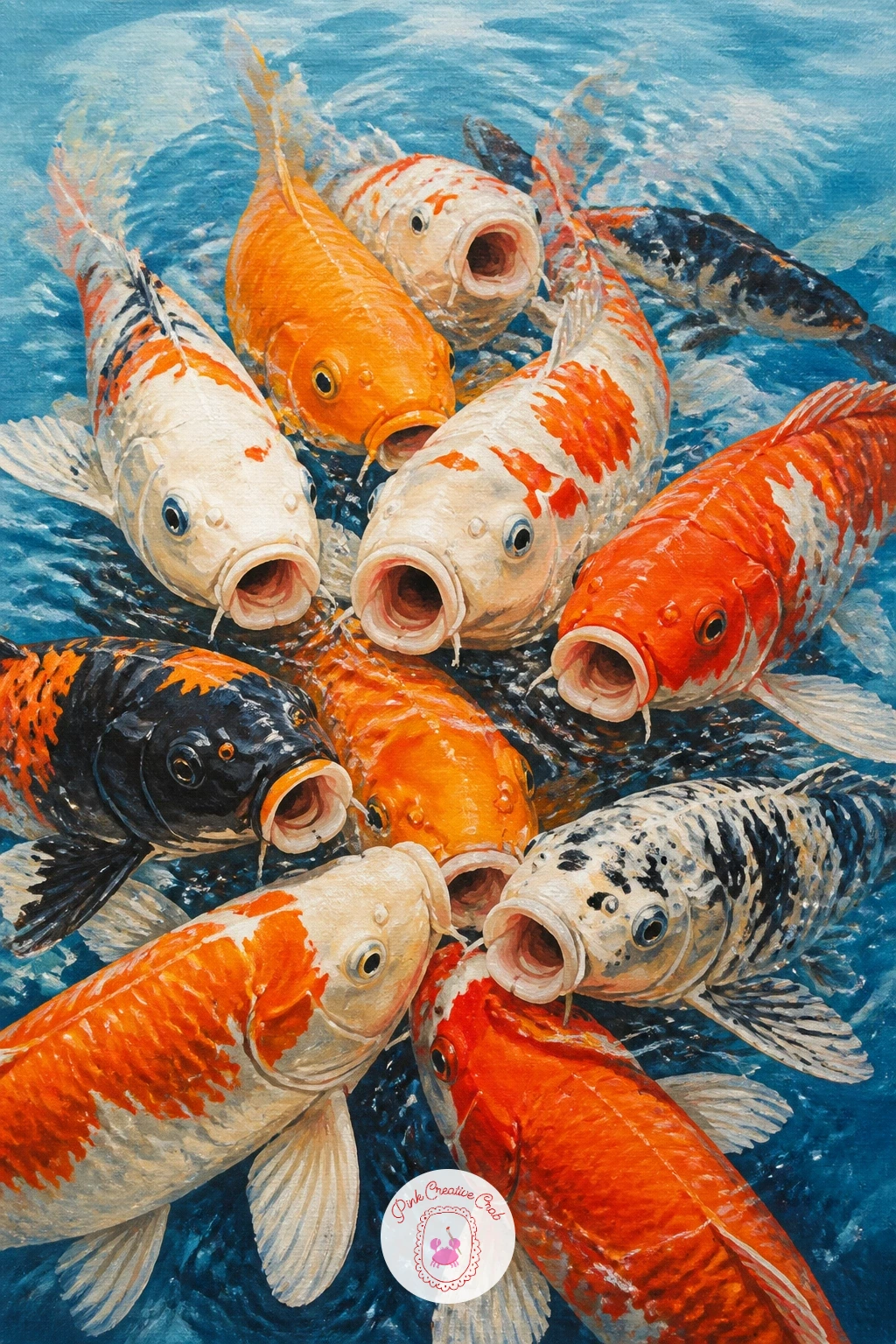 Koi Crowding With Open Mouths at Feeding Time — Build some real energy with koi crowding with open mouths at feeding time, a tight cluster of fish all reaching