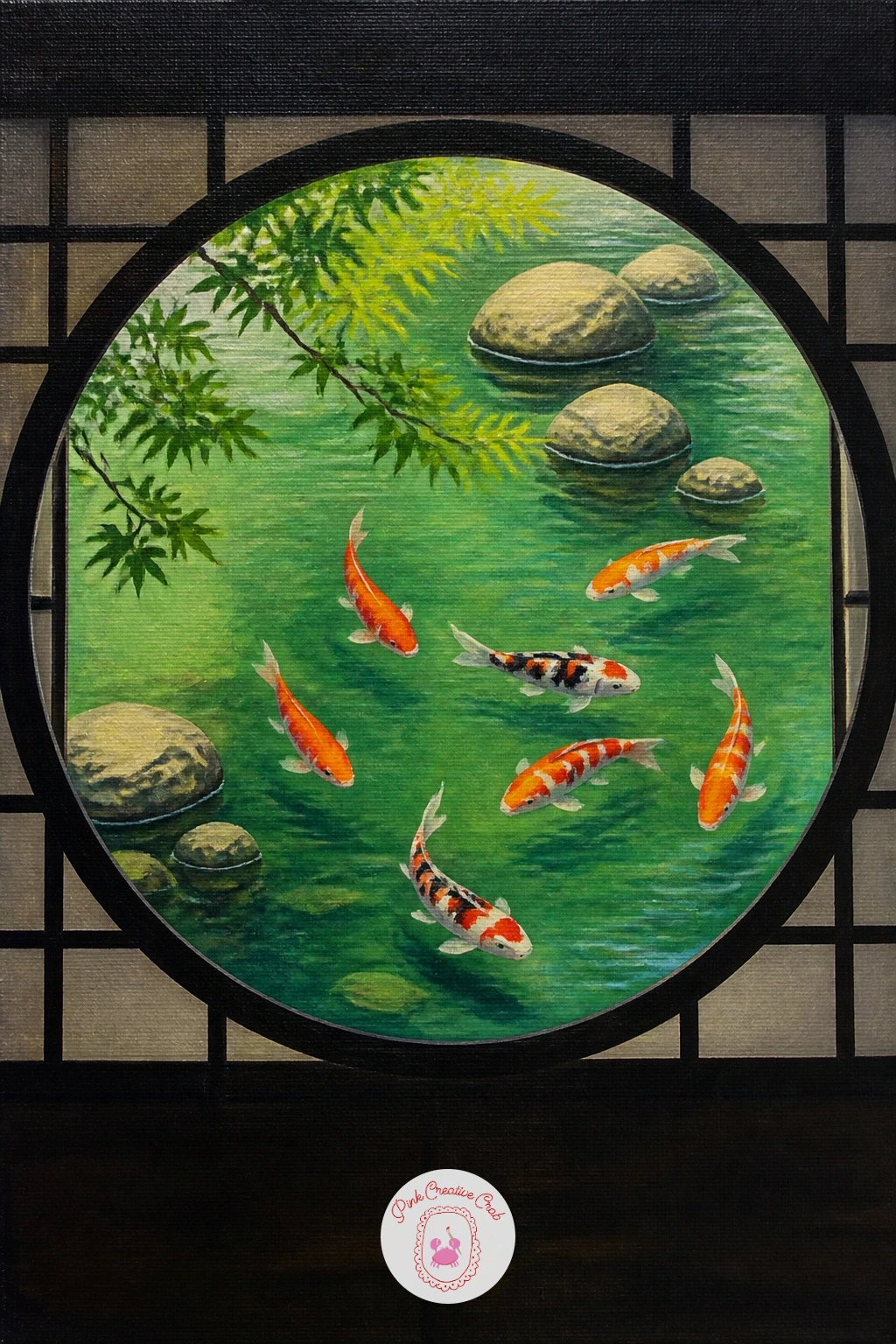 A Koi Pond Seen Through a Tea House Window — Frame the whole scene with a koi pond seen through a tea house window, the pond visible through a simple square or
