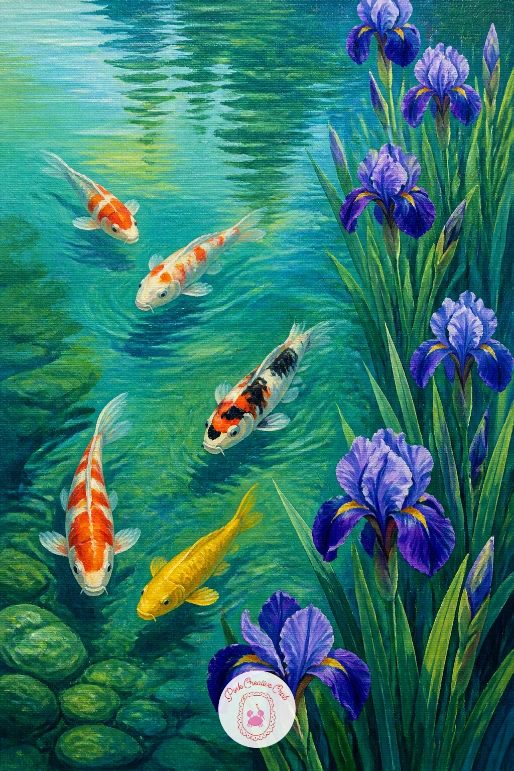 Koi in a Pond Edged With Irises — Bring in tall flowers with koi in a pond edged with irises, their purple-blue blooms rising along one side of the water. Koi