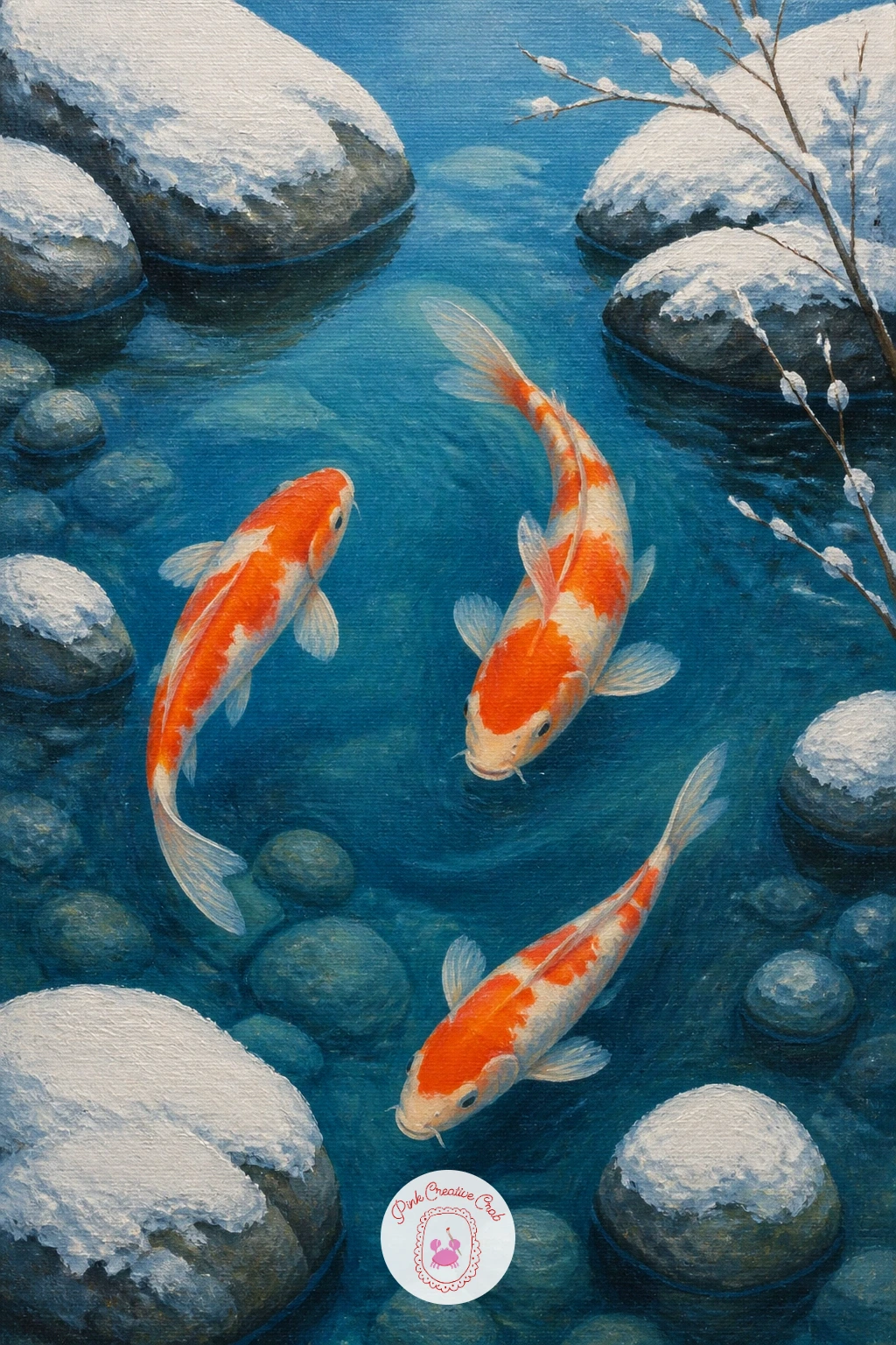 Koi in a Winter Pond With Snow on the Rocks — Cool the whole palette down with koi in a winter pond with snow on the rocks, a hush settling over the scene even
