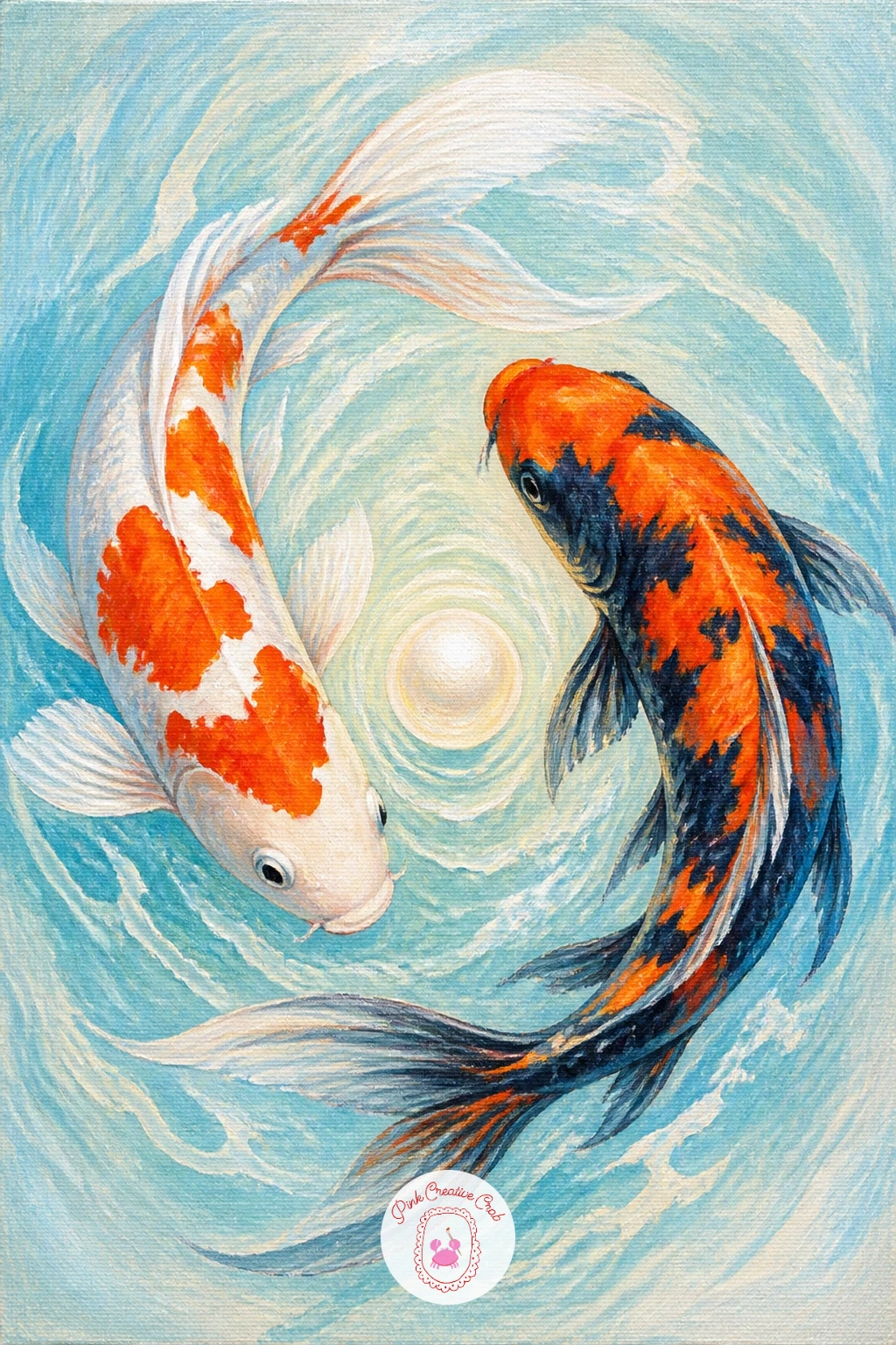 A Koi Pair With a Pearl — Close with symbolism in a koi pair with a pearl, two fish curling toward each other around a single glowing pearl shape. Koi fish
