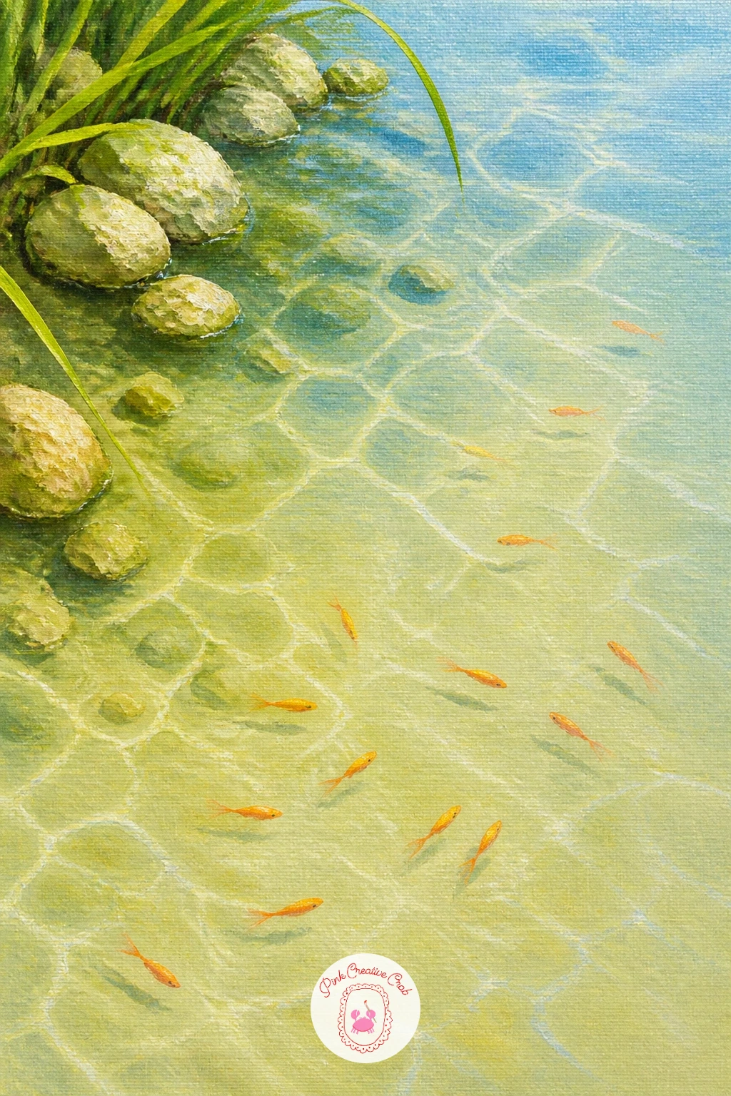Tiny Koi Fry in the Shallows — Finish gently with tiny koi fry in the shallows, a scatter of small young fish swimming close to a sunlit pond edge. Koi fish