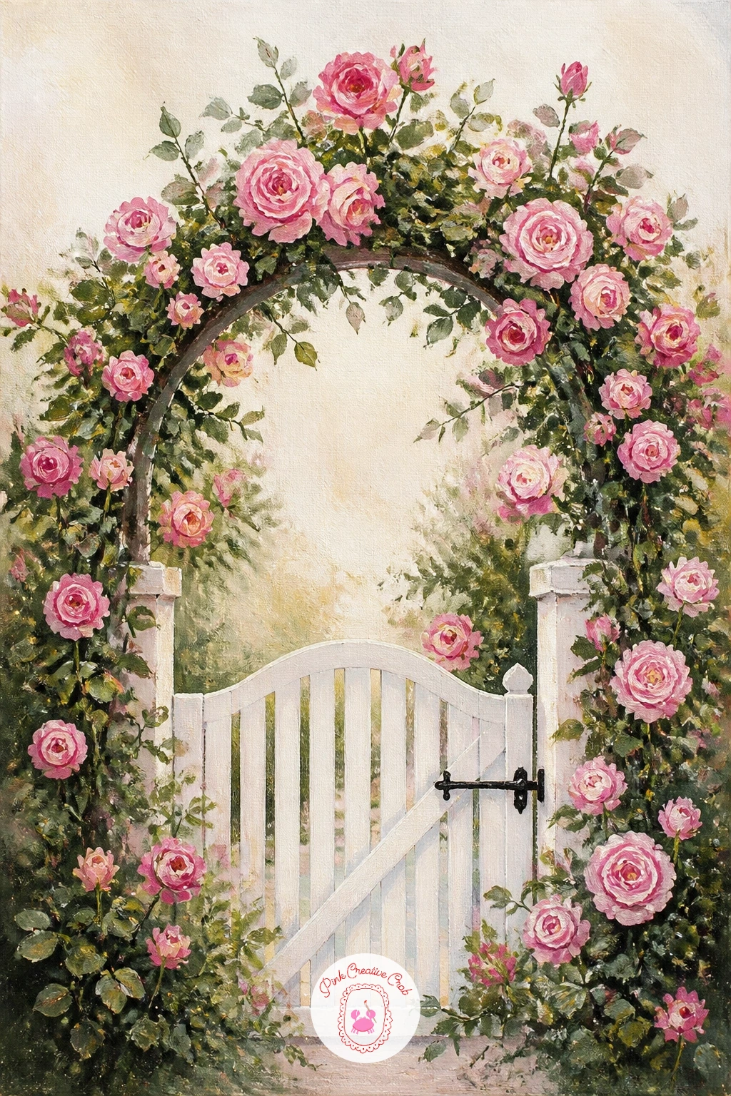 Rose Arch Over a Garden Gate — Start with the gate itself, since everything else hangs off it. Rose painting