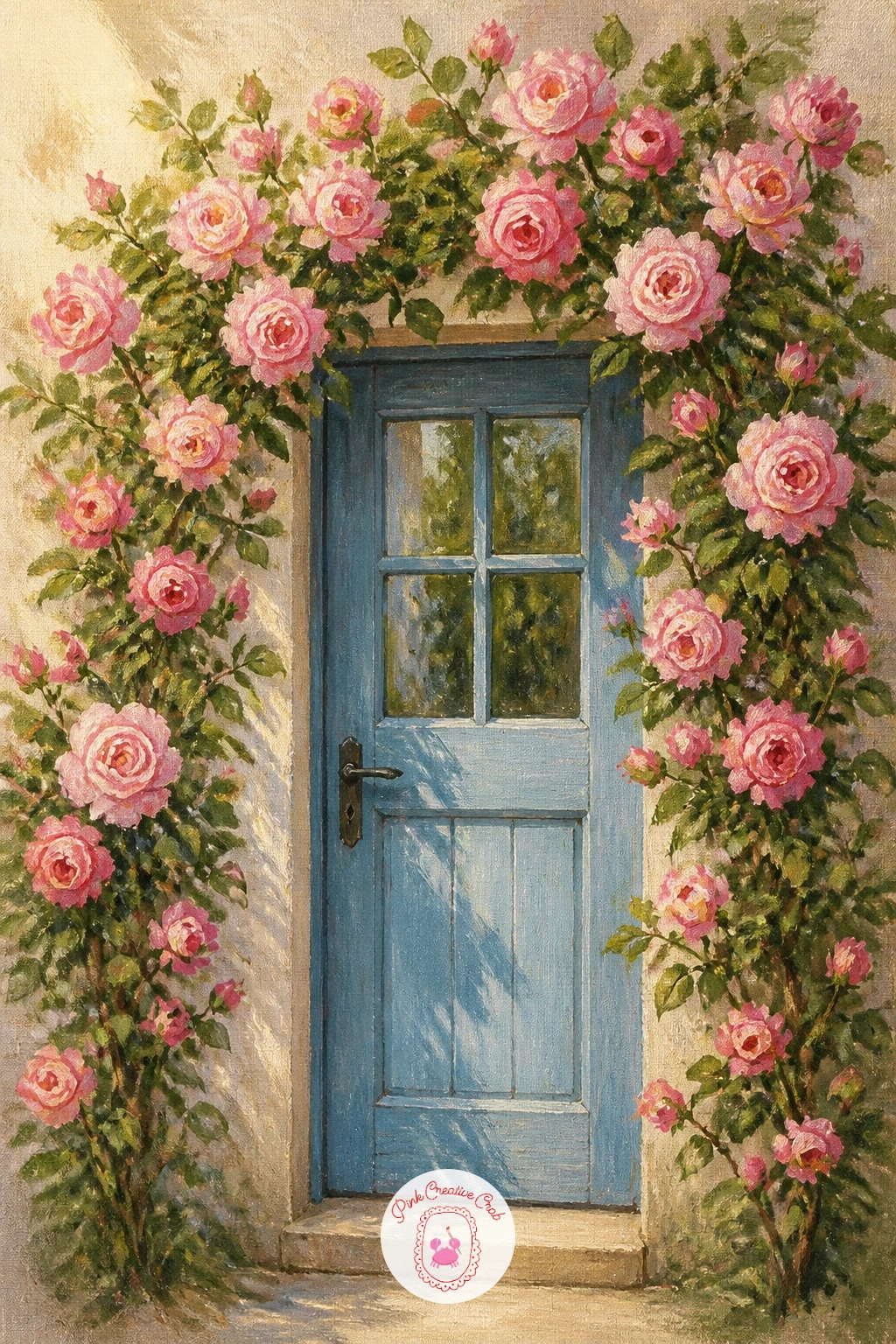 Cottage Doorway Framed by Roses — Move from a single stem to a whole doorway and you get to practice roses as a frame rather than a focal point. Rose painting