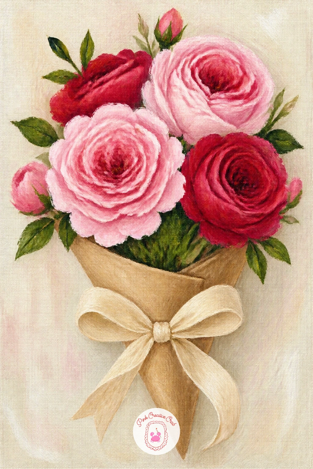 Garden Roses in a Ribbon-Tied Cone — Give yourself a break from stems and vases with a paper cone of freshly cut roses, tied with a ribbon bow. Rose painting