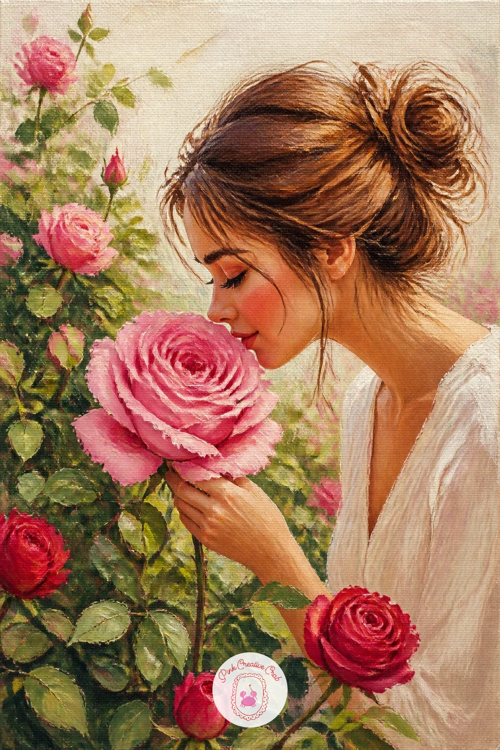 Girl Smelling a Rose in a Rose Garden — Bring a figure into the scene for the first time and keep her simple: a soft side profile or three-quarter view, head