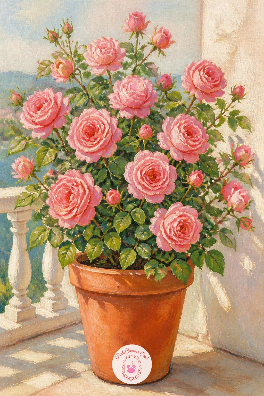 Rose Bush in a Terracotta Pot on a Balcony — Give the rose a container this time, which means thinking about pot and plant together. Rose painting