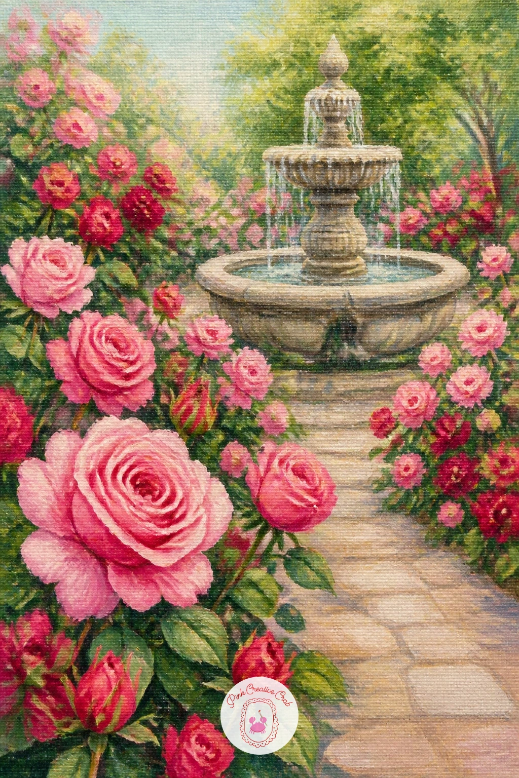 Rose Garden With a Fountain — Widen out into a full garden scene built around a stone fountain. Rose painting