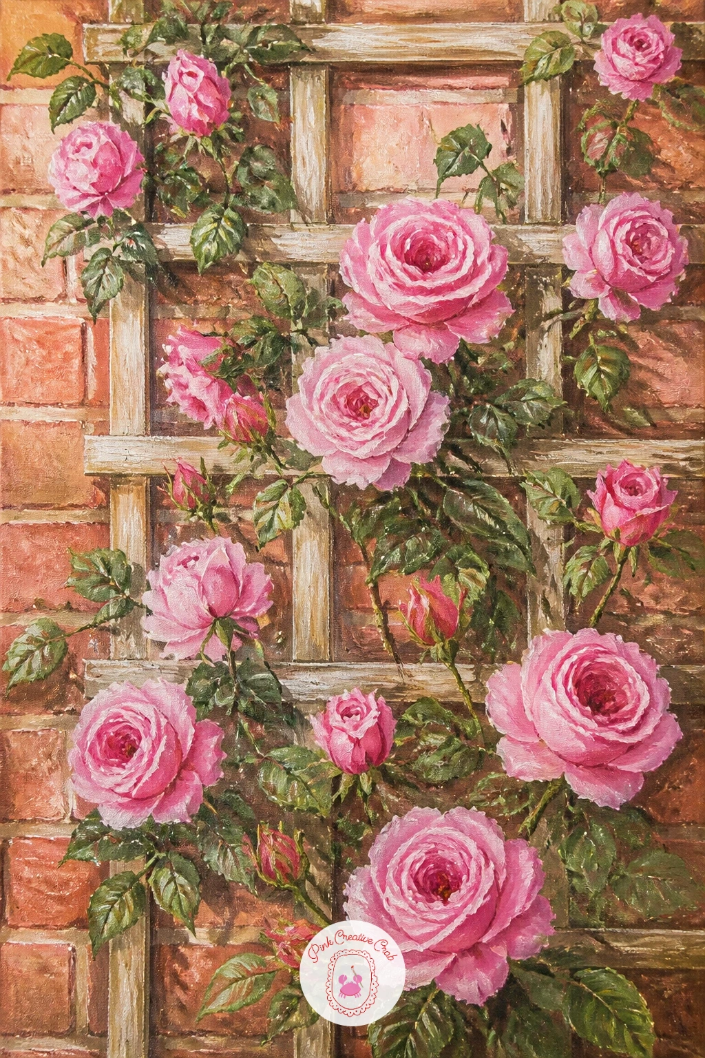 Rose Trellis on a Brick Wall — Bring in a strong manmade texture by painting roses climbing a trellis against old brick. Rose painting