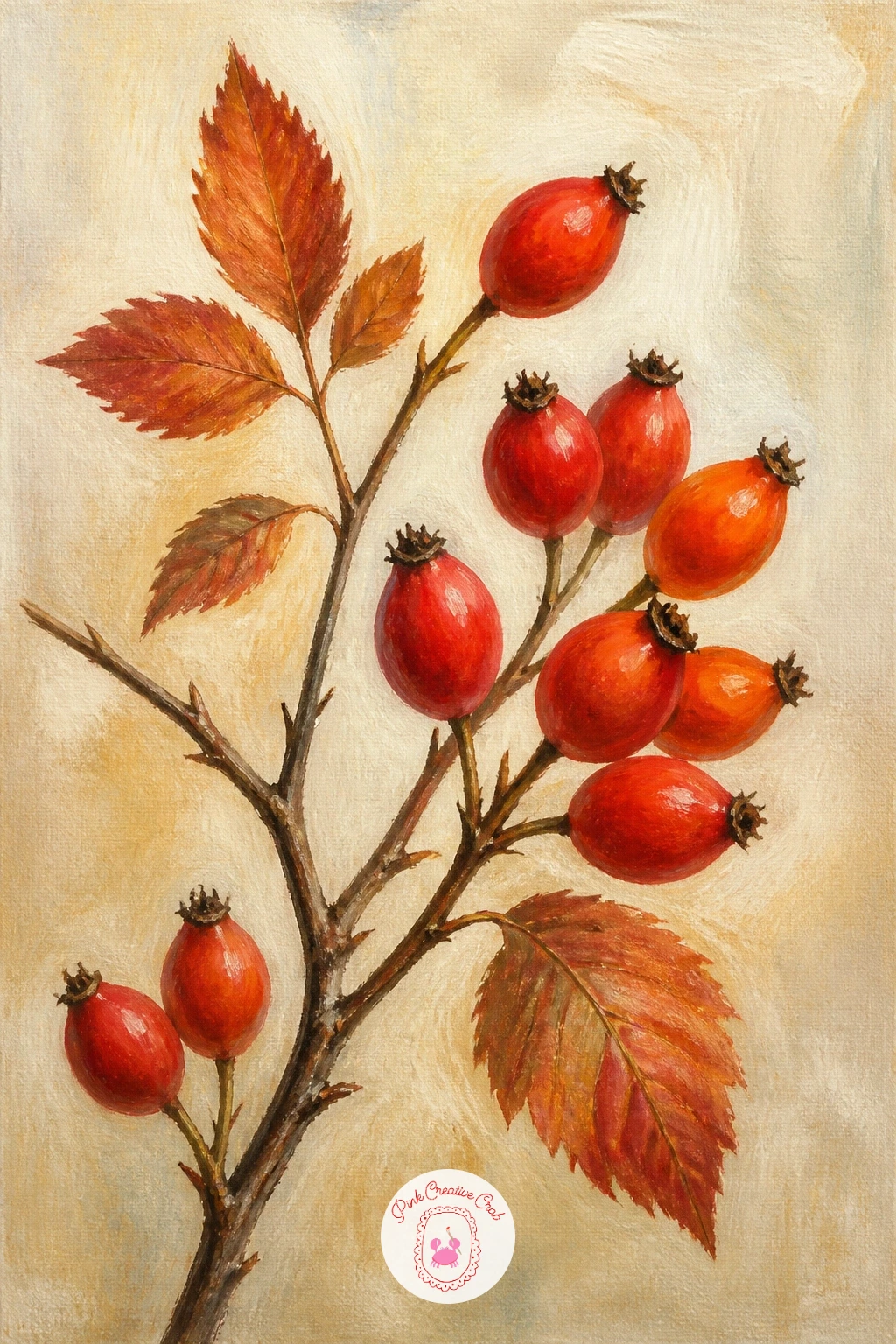 Branch of Rose Hips in Autumn — Follow the rose into a different season with a bare branch of rose hips. Rose painting