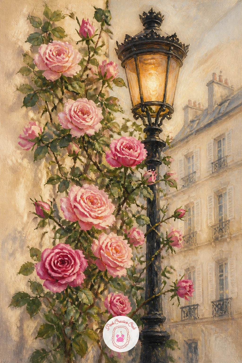 Roses Climbing a Paris Lamppost — Combine roses with a little streetscape romance here. Rose painting