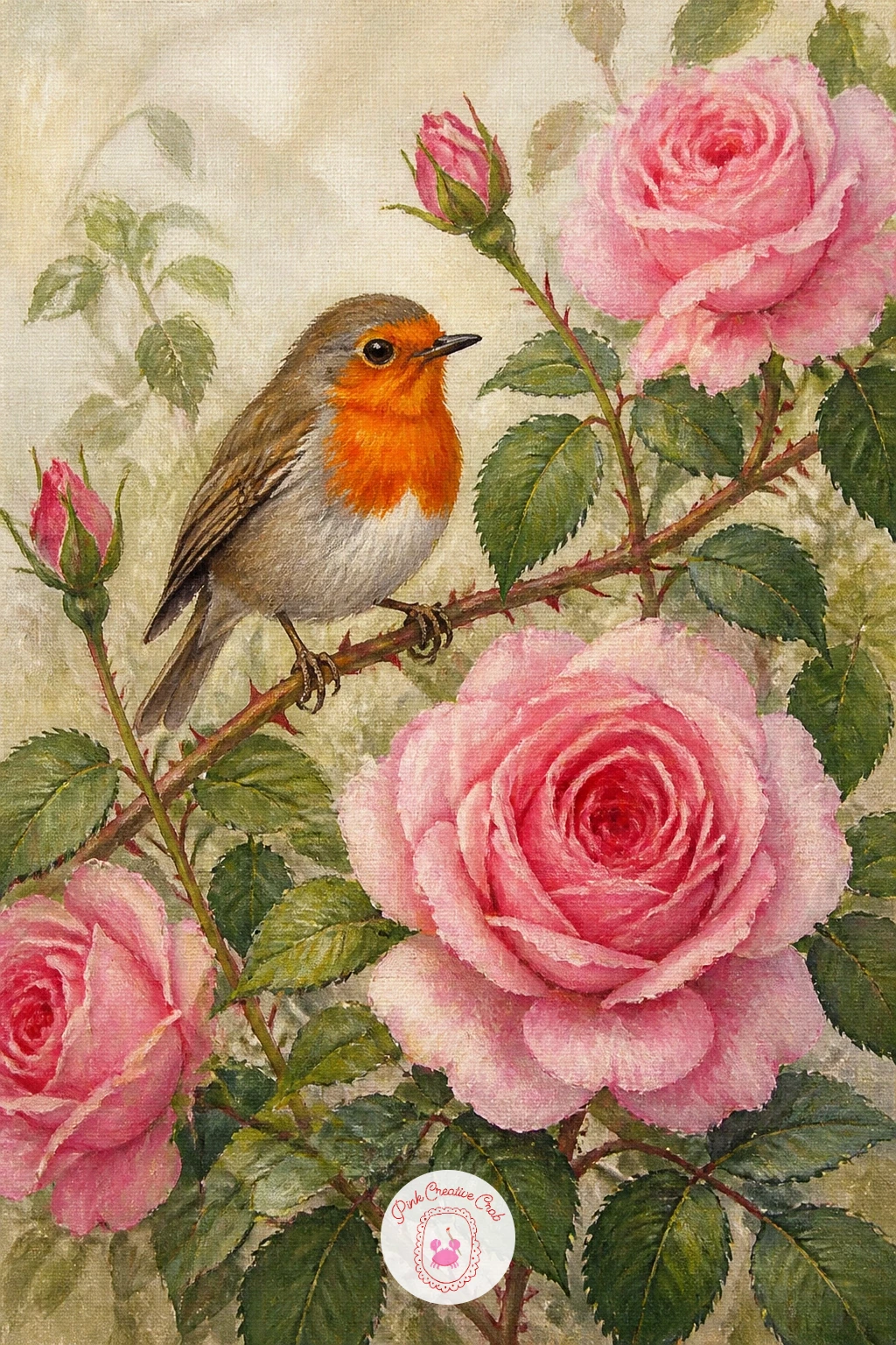 Robin on a Rose Bush — Bring a small bird into the garden for warmth and movement. Rose painting