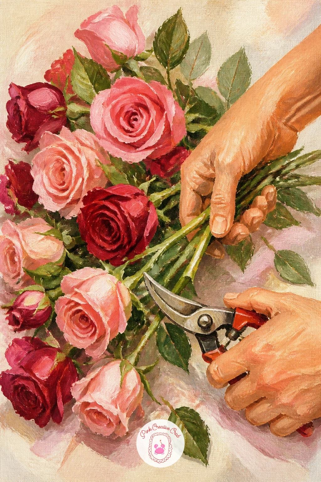 Florist Trimming Roses — Add a hint of human activity with a florist's hands at work. Rose painting