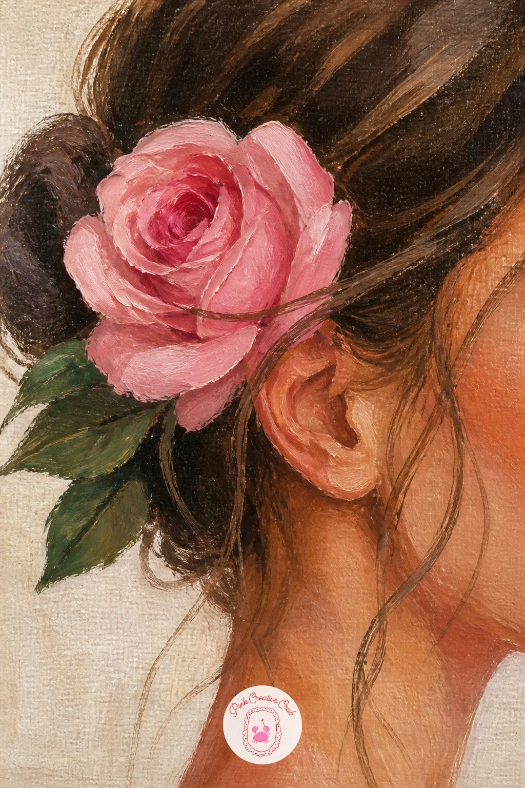 Rose Tucked Behind an Ear — Return to the figure with a smaller, more intimate detail this time: just a profile of a woman's head and shoulder with one rose