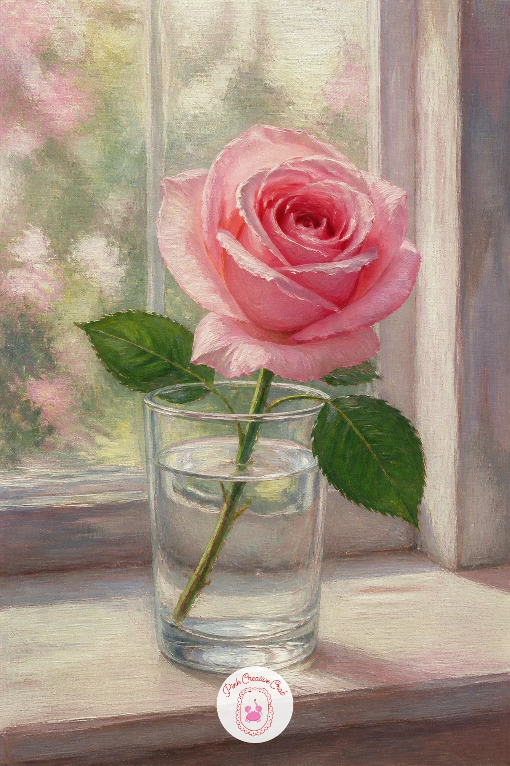Pink Rose in a Glass of Water by a Window — Bring together glass, water and window light in one quiet, cozy still life. Rose painting