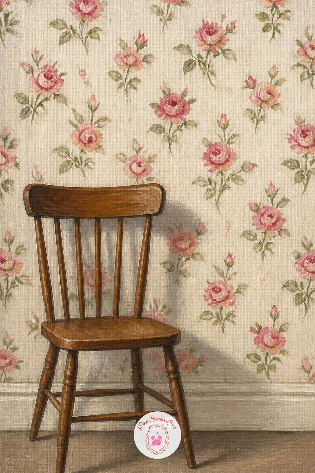 Chair Against Vintage Rose Wallpaper — Try a home interior detail where the roses live in the background pattern rather than as a single bloom. Rose painting