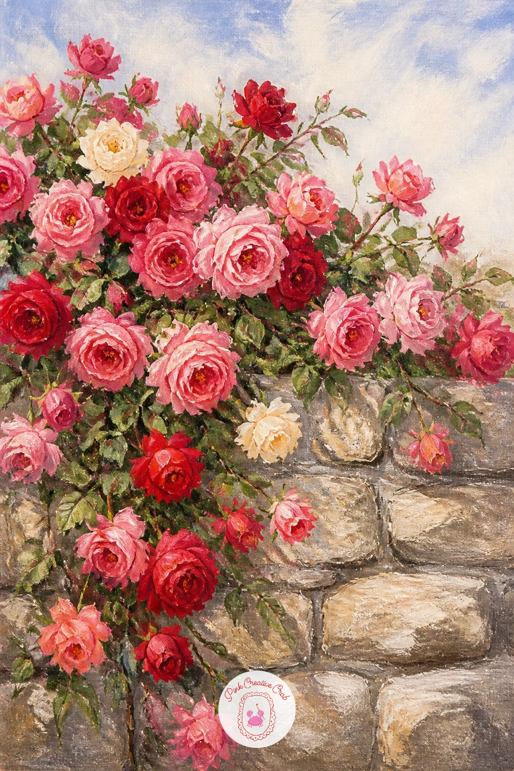 Roses Spilling Over a Stone Wall — Take the garden outdoors again with roses tumbling over an old stone wall. Rose painting