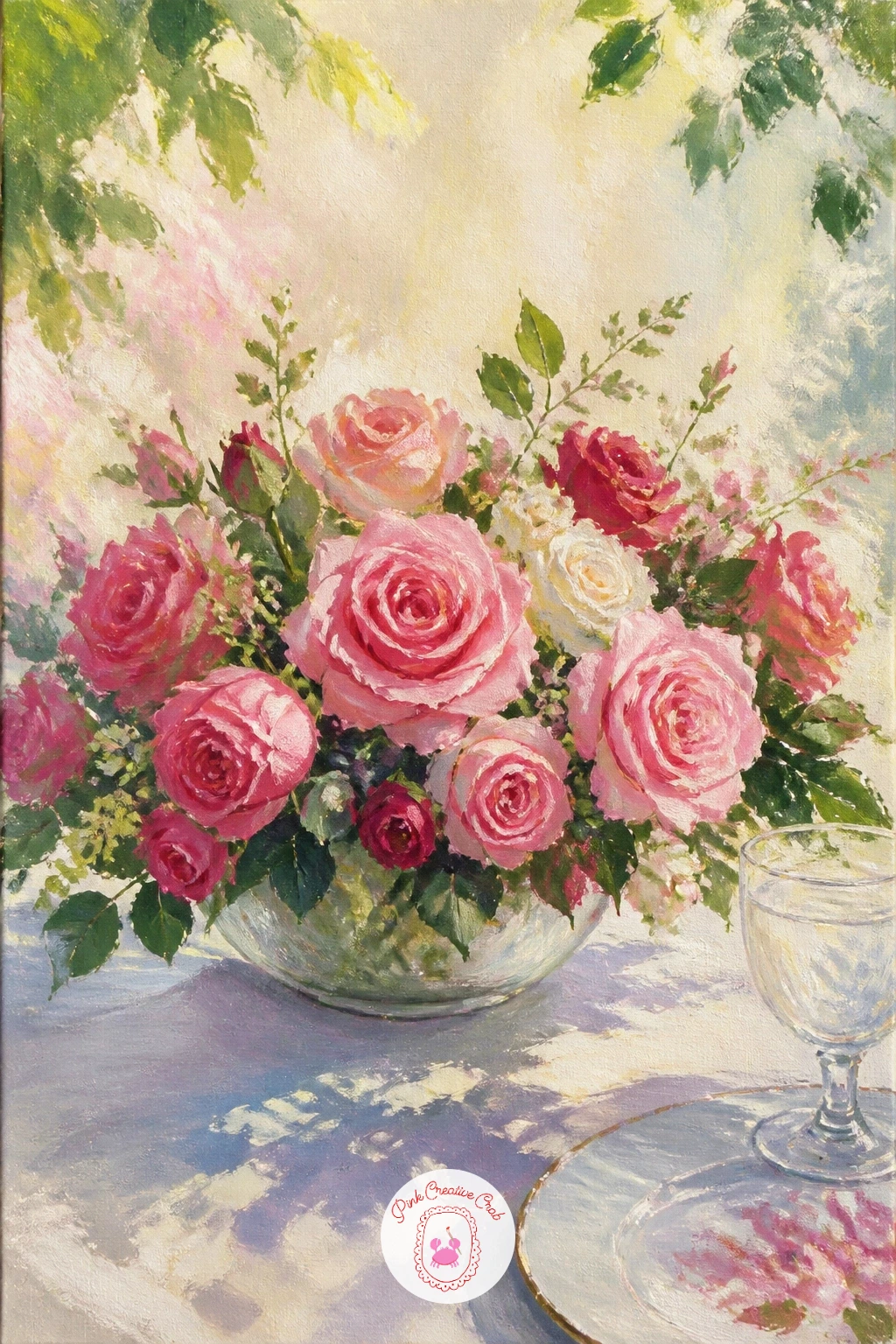 Garden Party Table With a Rose Centerpiece — Widen into a full table setting with a rose arrangement as the heart of it. Rose painting