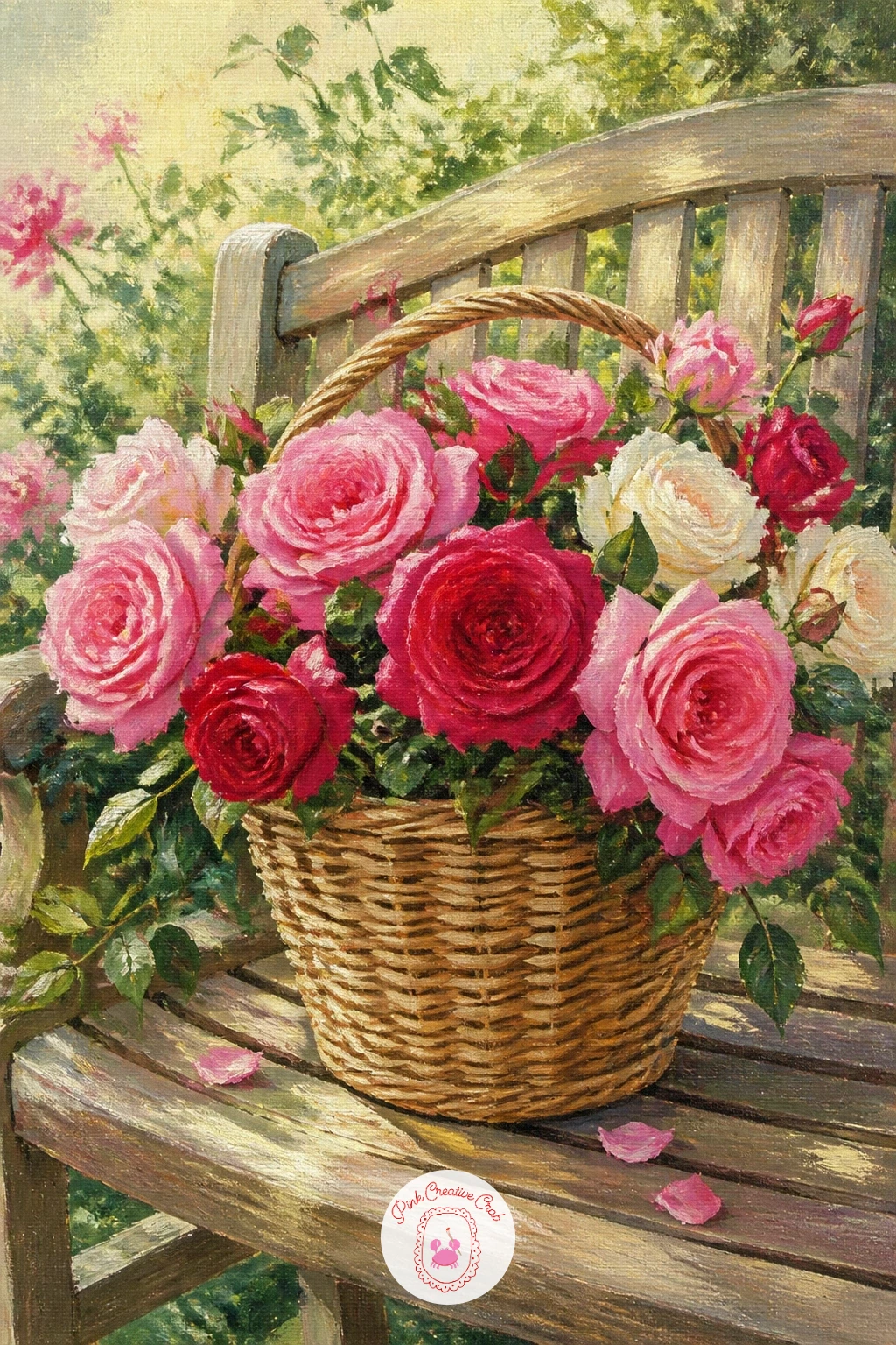 Basket of Roses on a Garden Bench — Bring the garden and a gathered harvest together on one simple wooden bench. Rose painting