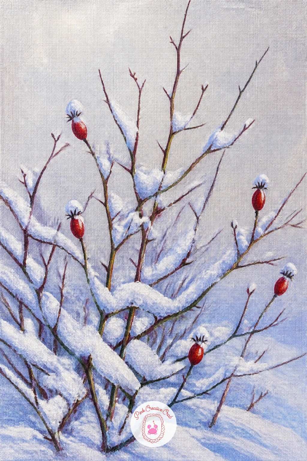 Rose Bush Dusted With Snow — Take the rose into winter for a quiet contrast of color and season. Rose painting