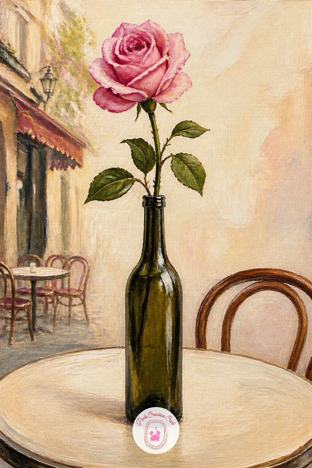 Rose in a Wine Bottle on a Cafe Table — Bring a little cafe atmosphere into the mix with a rose standing in a repurposed wine bottle. Rose painting