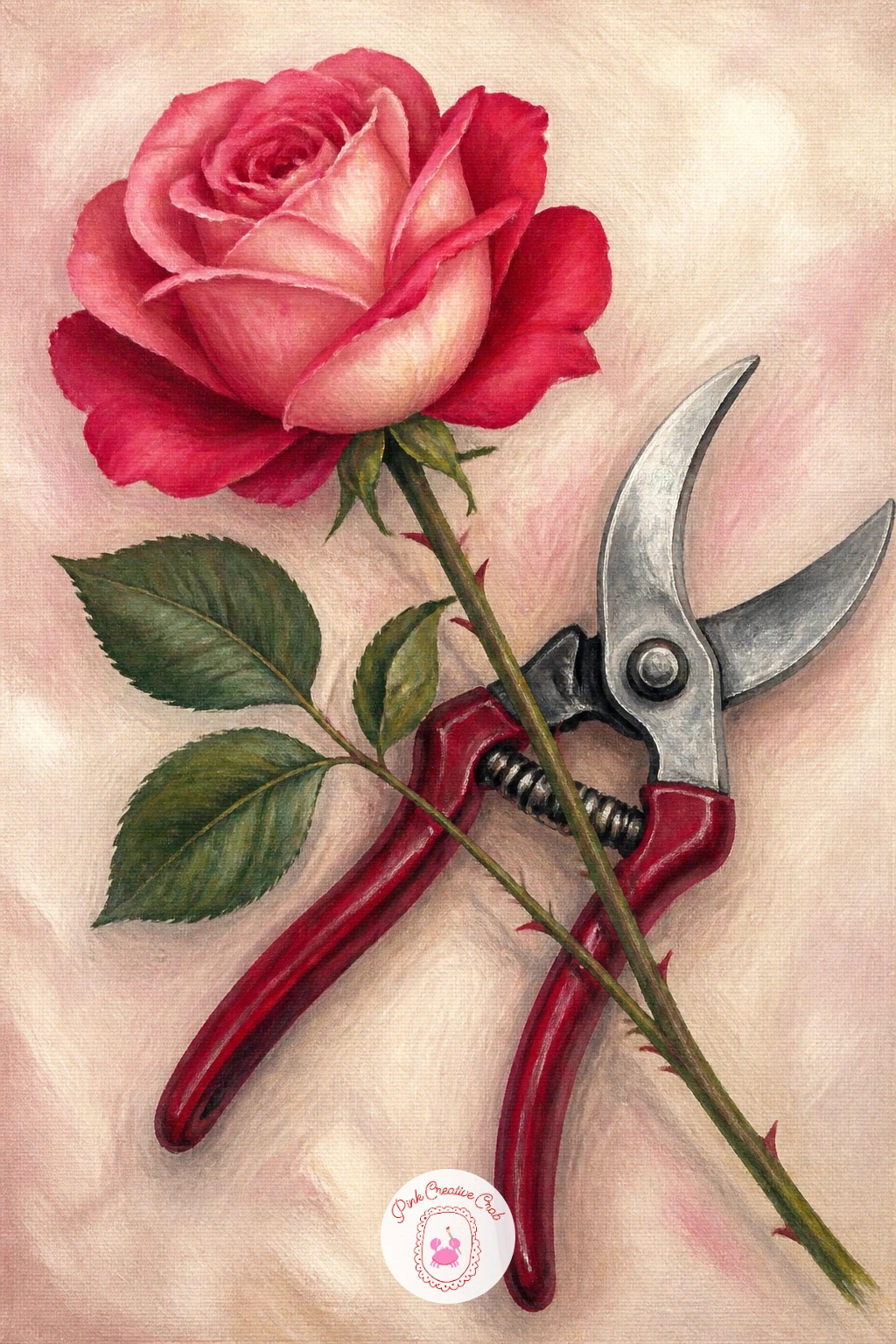Rose With a Pair of Garden Secateurs — Pair a freshly cut rose with the tool that cut it for a simple, satisfying still life. Rose painting