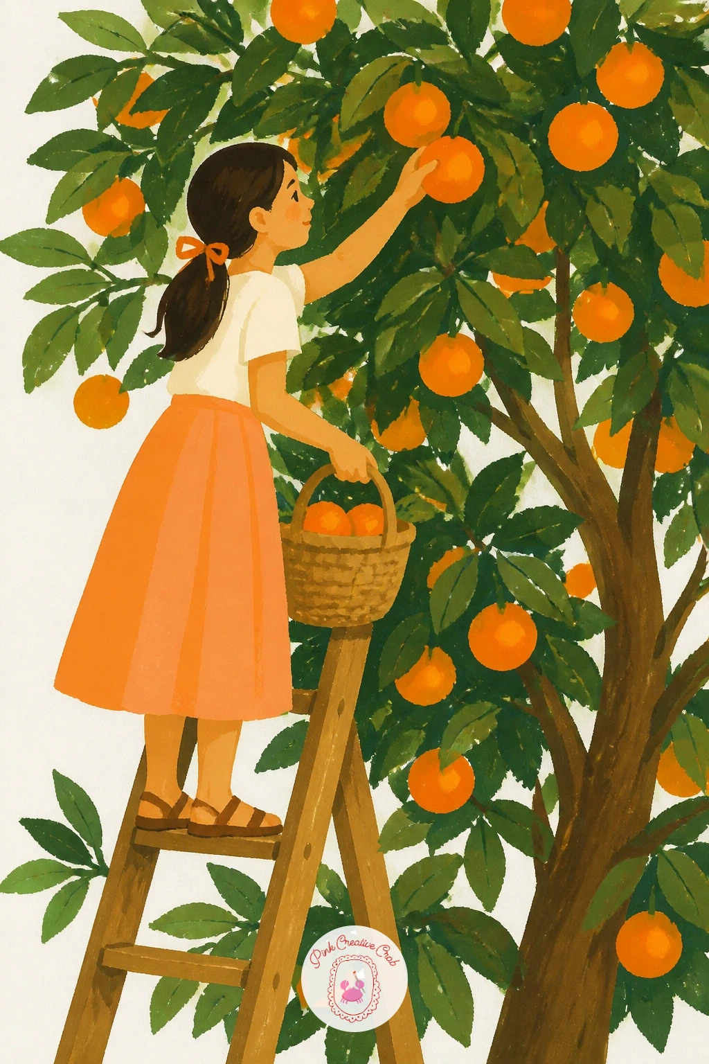 Girl on a Ladder Picking Oranges — Following that grove mood, a girl on a ladder picking oranges brings a human moment into the citrus scene. Orange painting