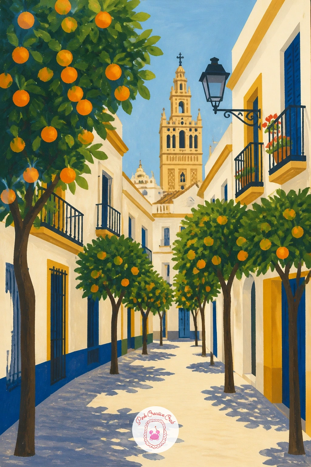 Seville Street Lined With Orange Trees — Start with the street itself, since a Seville street lined with orange trees lives or dies on its perspective. Orange