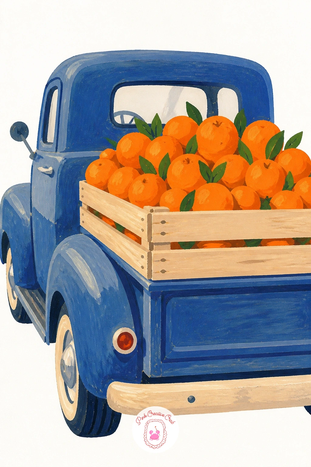 Crate of Oranges on the Back of a Vintage Truck — From the grove, the fruit now travels, so a crate of oranges on the back of a vintage truck turns the scene
