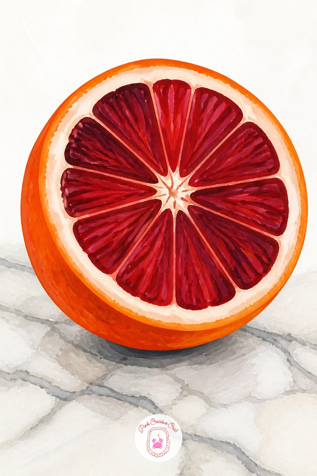 Blood Orange Cut in Half on a Marble Counter — Zoom right in now, because a blood orange cut in half on a marble counter is all about that dramatic interior