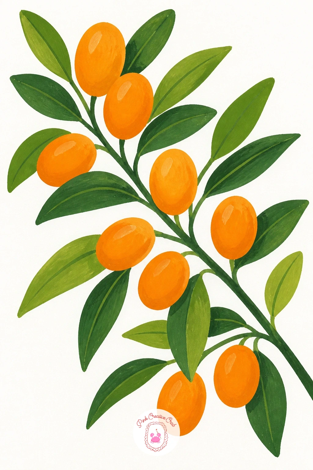 Kumquats on a Leafy Branch — Zooming into a smaller citrus now, kumquats on a leafy branch reward a steady hand more than a big brush. Orange painting