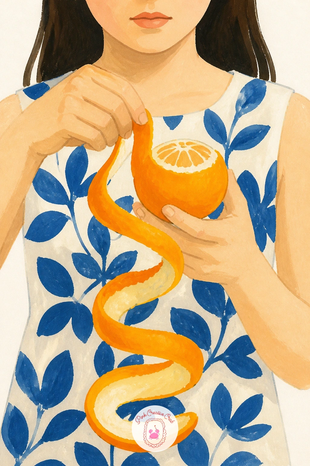Girl Peeling an Orange in One Long Spiral — Bringing a person back into the fruit now, a girl peeling an orange in one long spiral is a lovely close-up hand