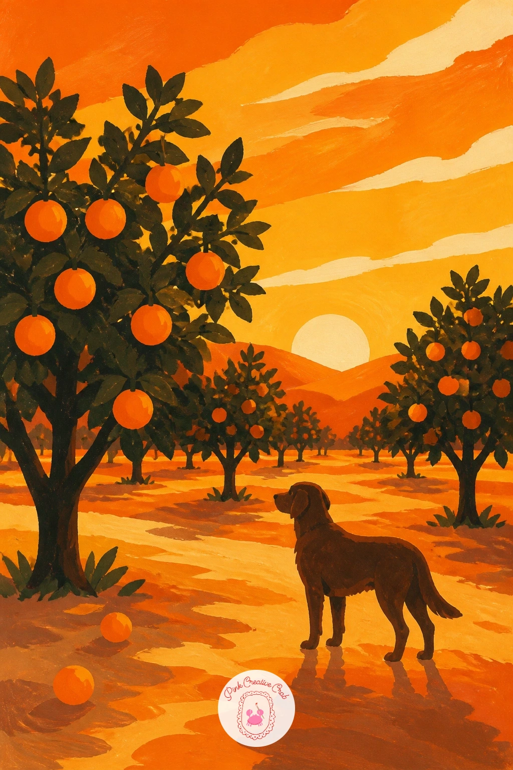 Orange Grove at Sunset With a Dog — Widening out again, an orange grove at sunset with a dog brings warm light and a quiet companion into the scene. Orange