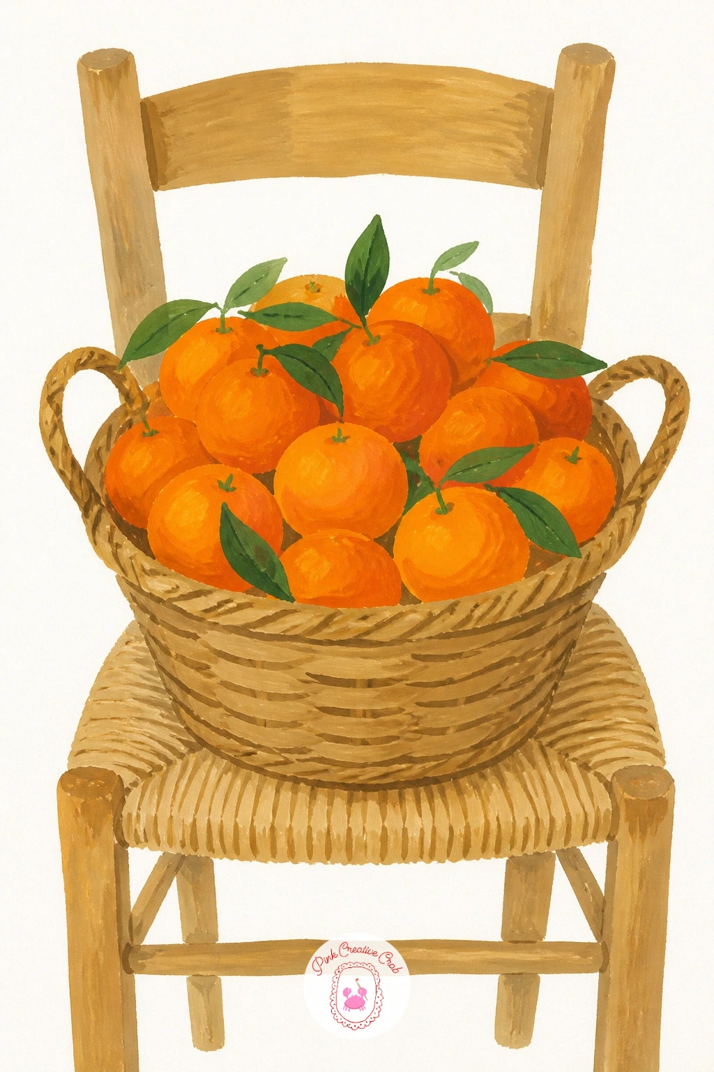Basket of Oranges on a Straw Chair — Settling back indoors, a basket of oranges on a straw chair is a cheerful cottage still life built from two contrasting