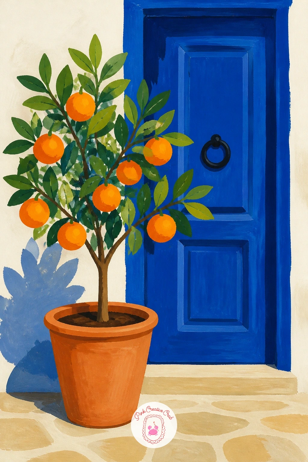 Orange Tree in a Terracotta Pot by a Blue Door — Stepping outside again, an orange tree in a terracotta pot by a blue door pairs warm and cool tones in one