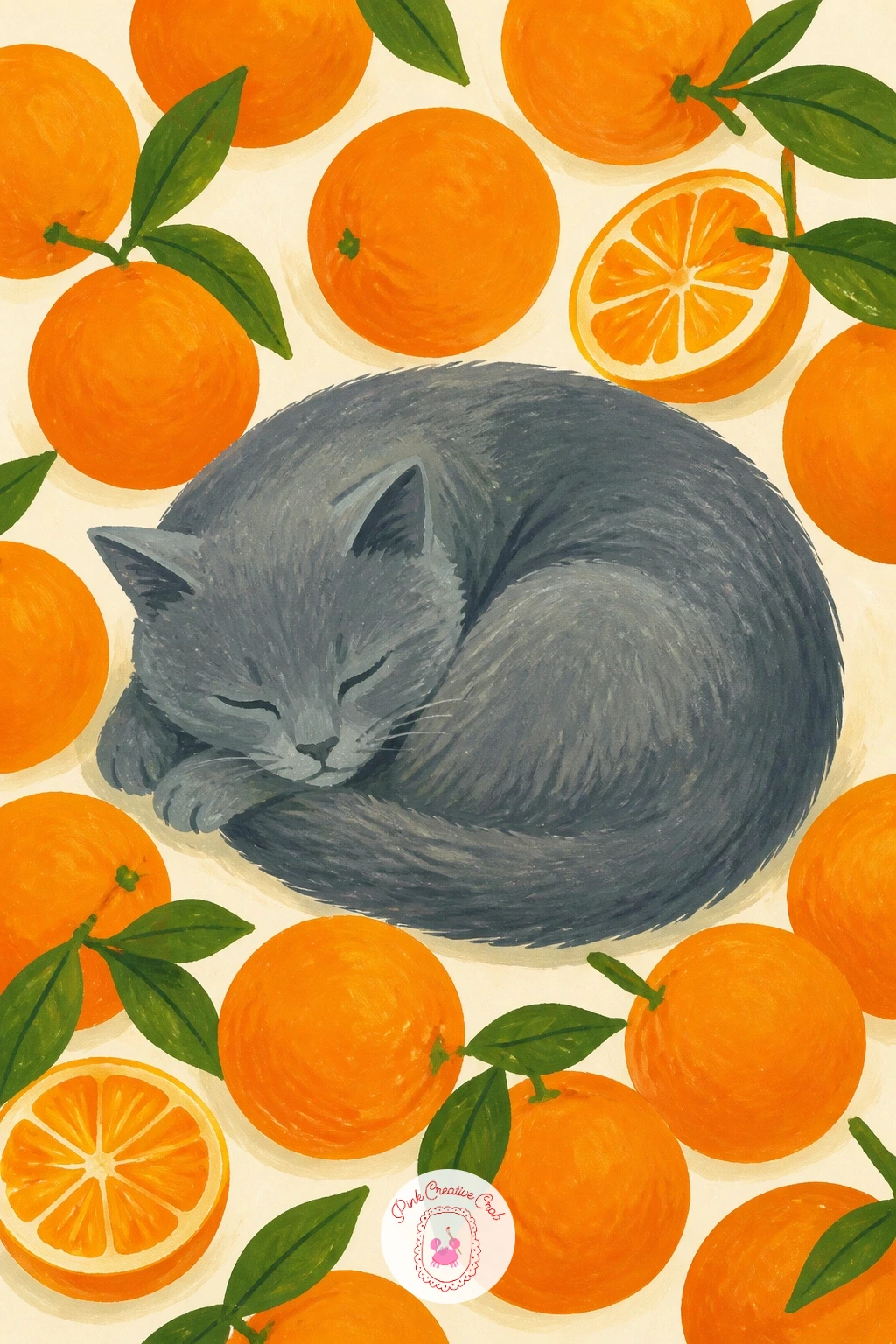 Cat Sleeping Among Oranges — Adding a pet into the citrus pile now, a cat sleeping among oranges is a cozy, soft-edged scene built around one curled shape.