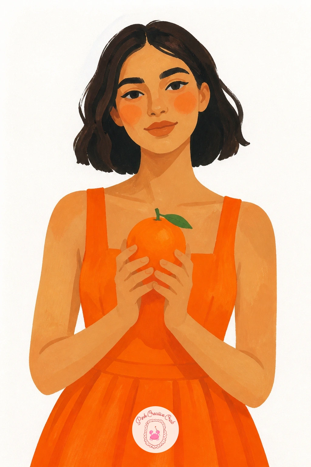 Girl in an Orange Dress Holding an Orange — Bringing the fruit's color onto a figure now, a girl in an orange dress holding an orange plays with matching the