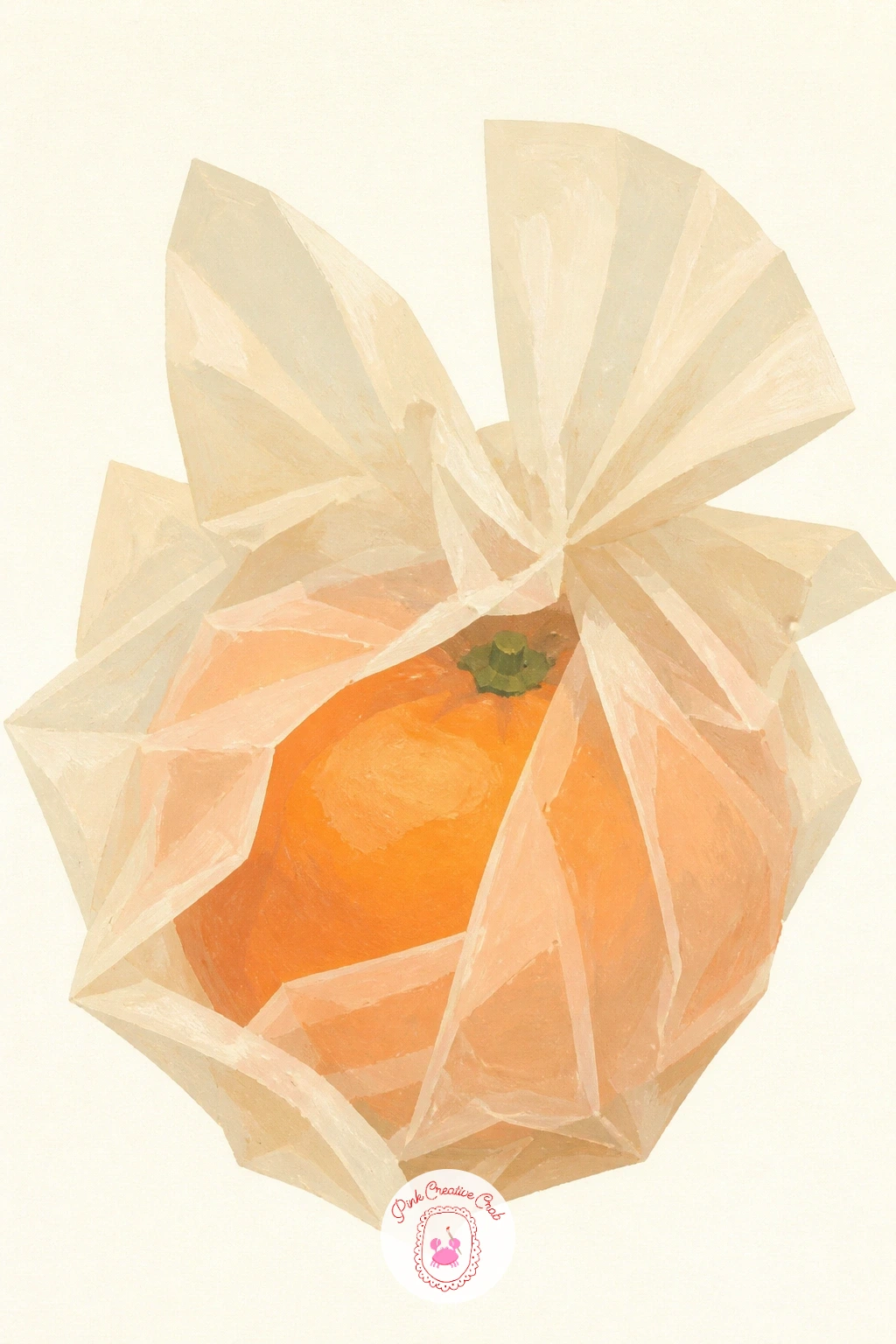 Mandarins Wrapped in Tissue Paper — A softer wrapped subject now, mandarins wrapped in tissue paper leans on translucent layered color. Orange painting