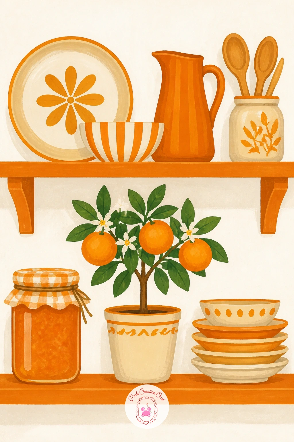 Kitchen Shelf Styled in Orange — Zooming out to a whole corner of a room, a kitchen shelf styled in orange ties several smaller objects into one composition.