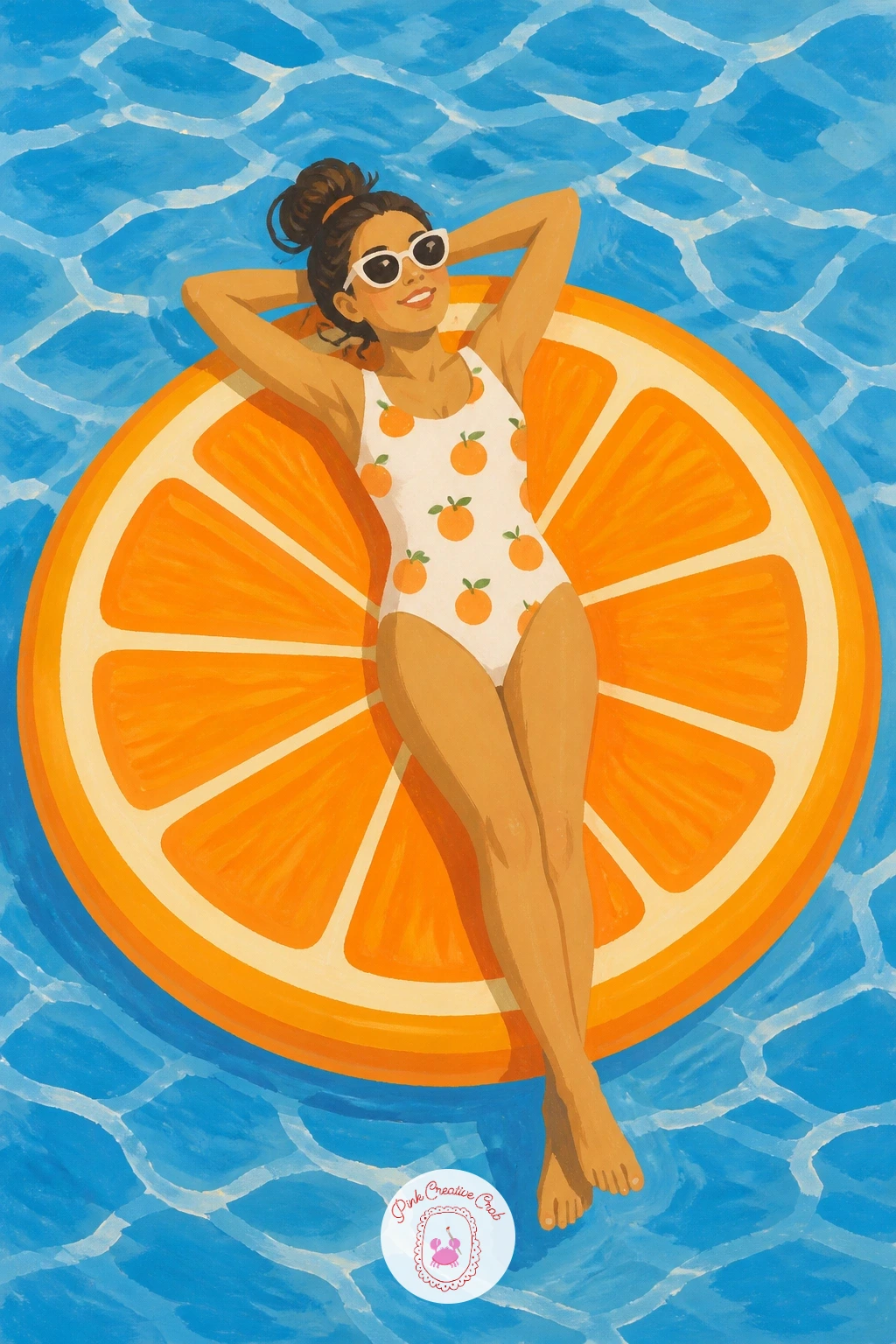 Girl Floating on an Orange Slice Pool Float — Closing out on a playful note, a girl floating on an orange slice pool float is a fun summer scene built around