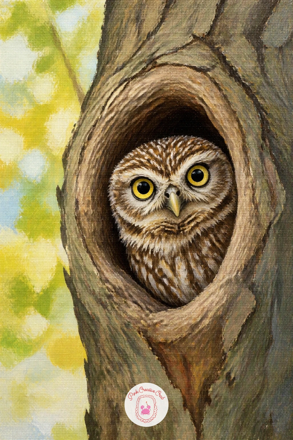 Little Owl Peeking From A Tree Hollow — After two owls shown in full, try a little owl peeking from a tree hollow, which only needs the head and shoulders. Owl
