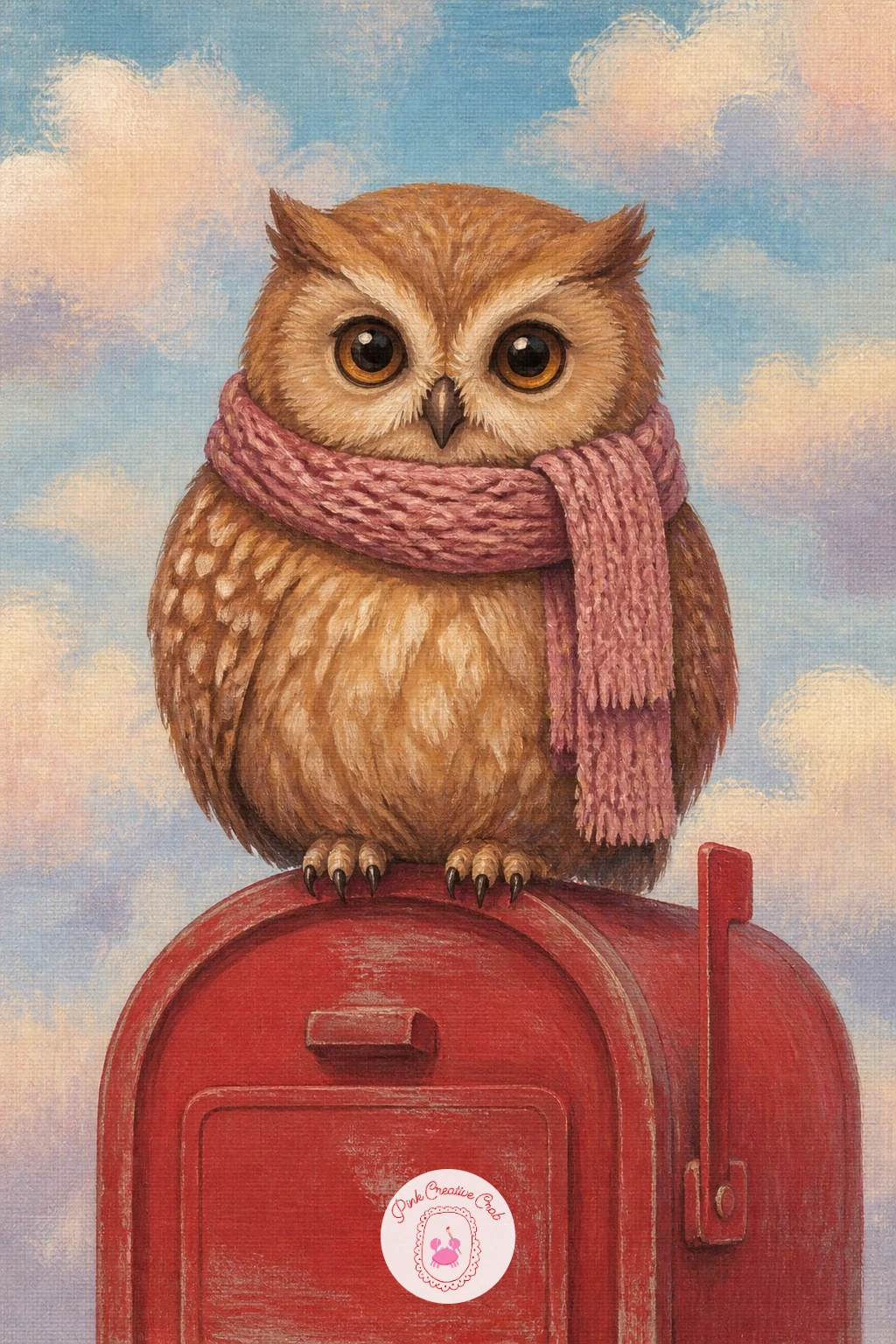 Owl In A Knitted Scarf On A Mailbox — Keep the cottagecore mood going with an owl in a knitted scarf perched on a mailbox, a scene that lets you practice
