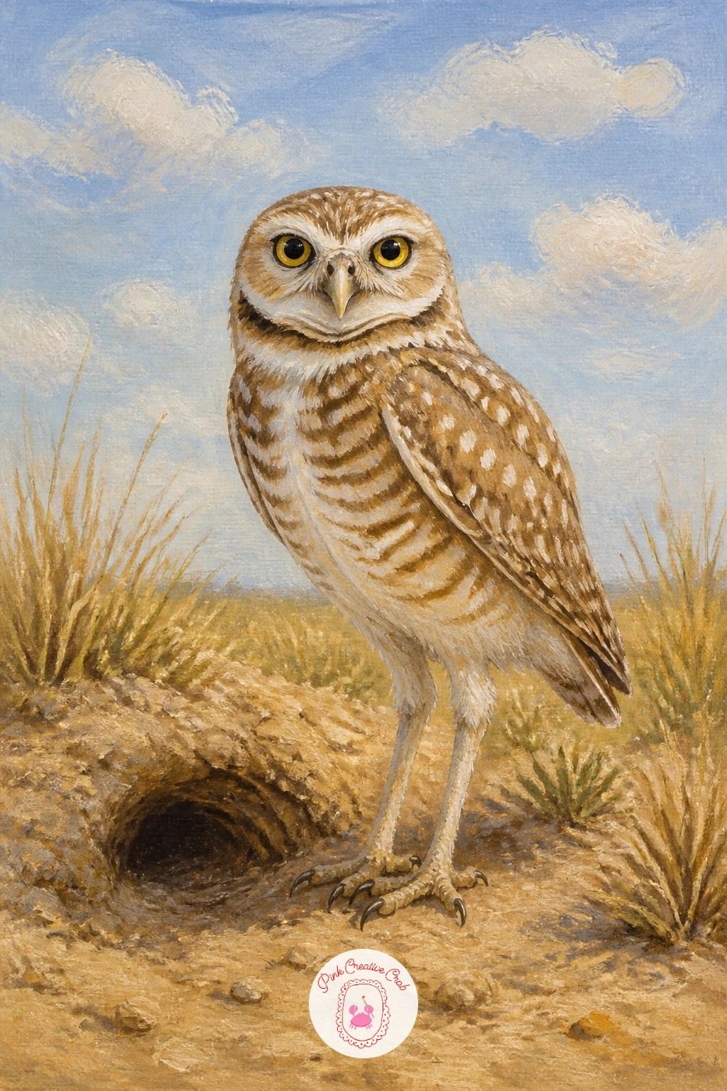 Burrowing Owl Outside Its Burrow — Switch the setting from branch to ground with a burrowing owl standing outside its burrow, a bird with longer legs and a