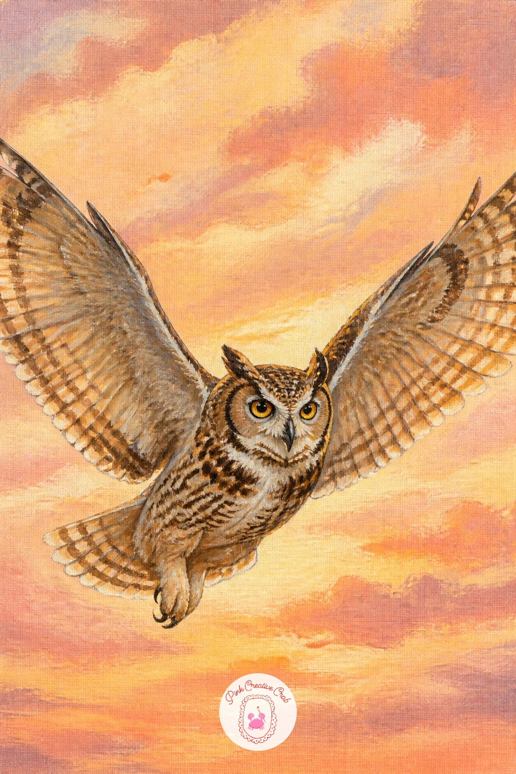Owl Taking Off With Wings Spread — Give the owls their big action moment with one taking off, wings spread fully across the canvas. Owl painting