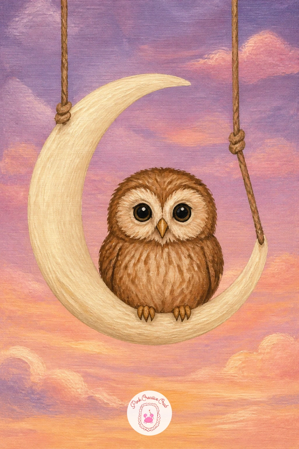 Owl On A Crescent Moon Swing — Let one owl sit somewhere a little whimsical with a crescent moon swing, which pairs a daytime pastel sky with a storybook touch