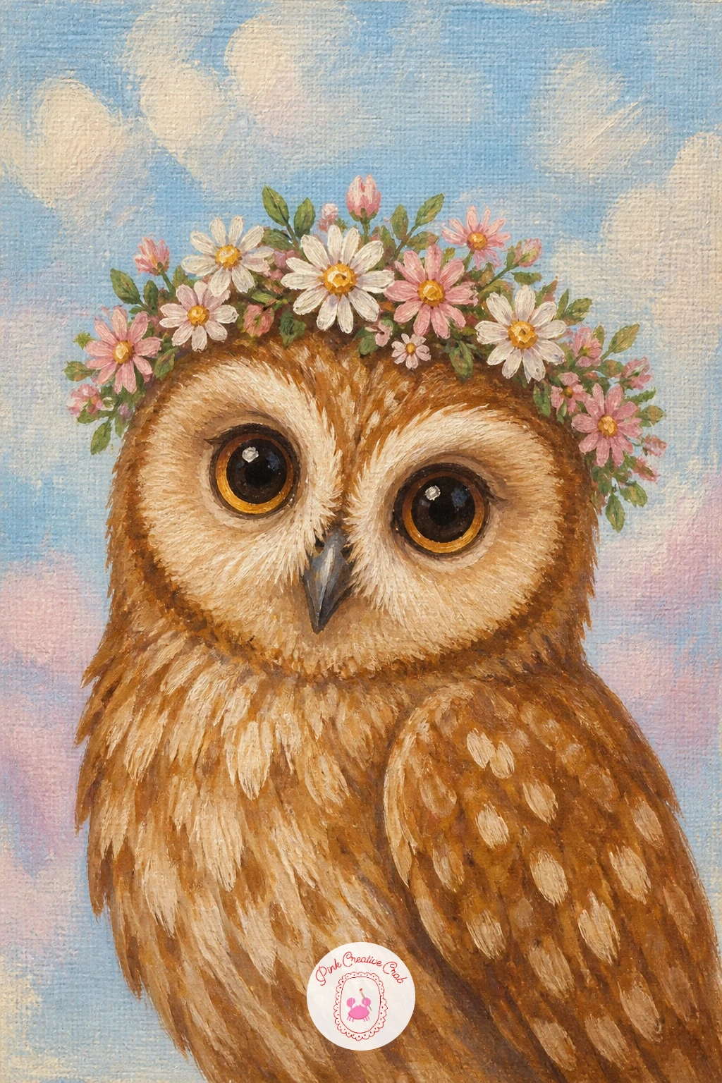 Owl Wearing A Flower Crown — Dress one owl up with a flower crown next, a lighter, more decorative piece after the quiet cuddling scene. Owl painting