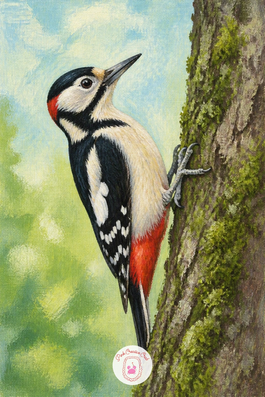 Woodpecker On A Mossy Trunk — Leave the owls behind now and bring in a woodpecker gripping a mossy trunk, a bird whose bold red and black markings give a nice